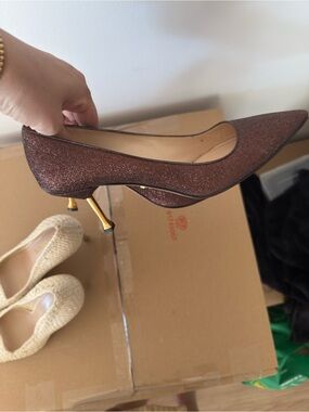 Prada Brown Glitter Pointed-Toe Kitten Heels with Gold Accents